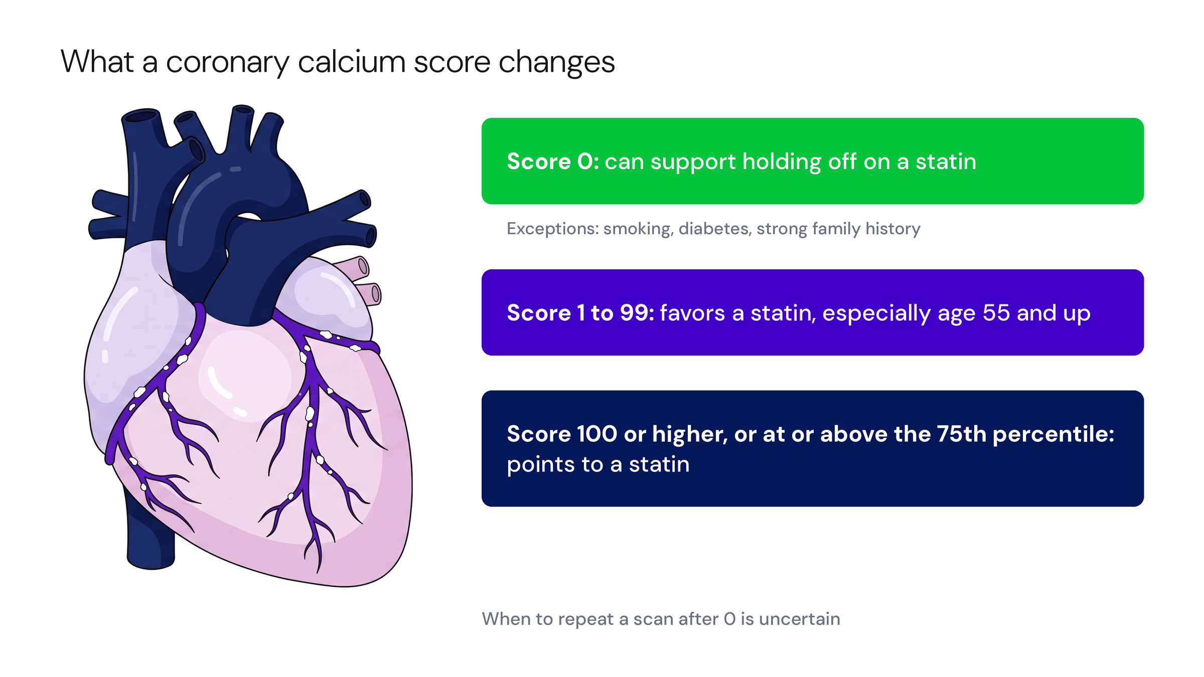 A heart with coronary arteries flecked with white calcium sits beside three color bands. A score of 0 can support holding off on a statin, a score of 1 to 99 favors a statin, and a score of 100 or higher or at or above the 75th percentile points to a statin.